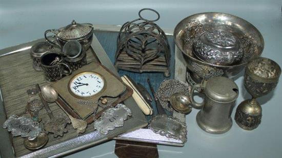 Four Georgian & later silver spirit labels, Vict plated tea kettle and stand, 2 plated photograph frames, sundry plate etc